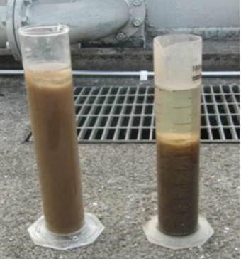 Comparison showing sludge reduction in wastewater after treatment with EZ Biohumix sludge reducer additive